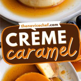 Crème Caramel on a plate with a fork with a bite taken out of it.