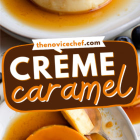 Crème Caramel on a plate with a fork with a bite taken out of it.