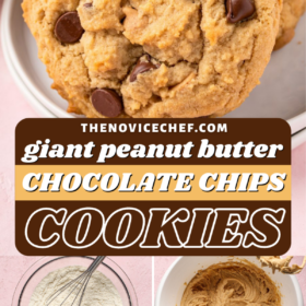 Two peanut butter cookies with chocolate chips and the cookies being made in four steps.