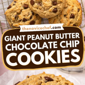 A bite taken out of a giant peanut butter chocolate chip cookie on parchment paper.