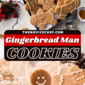 Gingerbread man cookies in a tray stacked on top of each other.