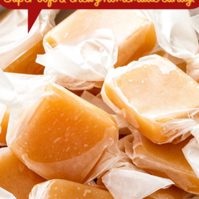 Rum candy squares wrapped in wax paper in a bowl.
