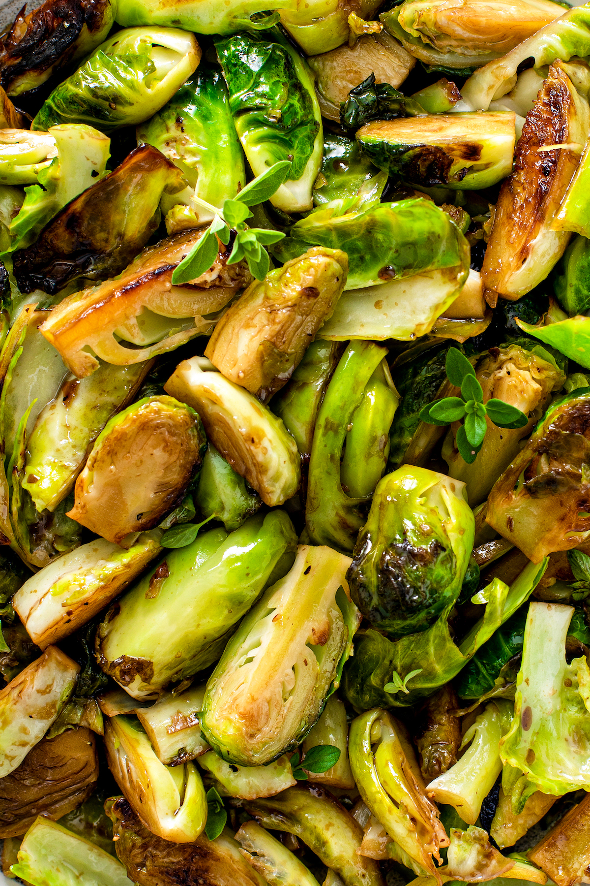 Brussel sprouts with honey balsamic glaze, close-up shot to show texture.