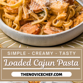 A bowl of loaded cajun pasta, and pasta being tossed in cajun sauce.