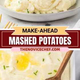 A plate with mashed potatoes and a bowl with mashed potatoes with butter and chives on top.