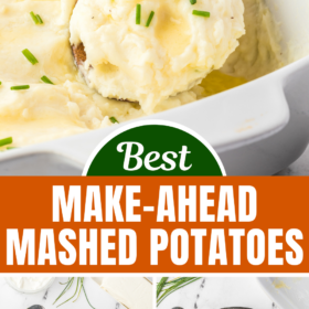 Mashed potatoes in a casserole dish being scooped out, potatoes in a pot with water, and mashed potatoes in a pot.