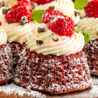 Recipe card image for mini red velvet bundt cakes.