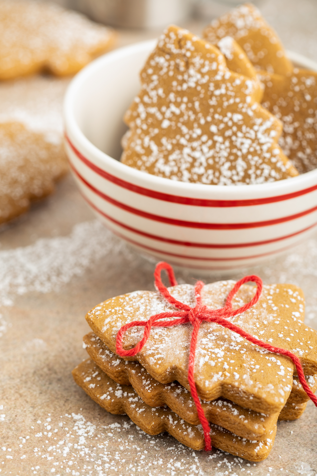 Molasses cookies cut into the shape of Christmas trees, dusted with powdered sugar, and tied with red string.