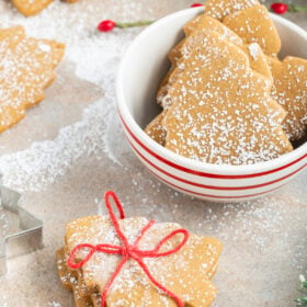 A decorative shot of molasses cookies, some tied with red string and others in a red and white dish.