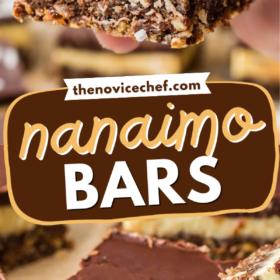 Nanaimo bars stacked on top of each other and a hand holding one.