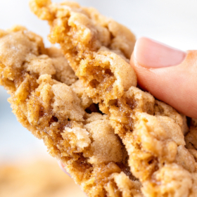 A cookie broken in half to show the inside.