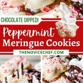 Peppermint meringues dipped in chocolate stacked on a plate.