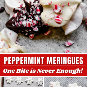 Peppermint meringues being piped onto a cookie sheet, sprinkled with crushed candy canes, and meringues stacked on top of each other on a plate.