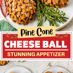 Pine cone cheese ball on a platter and being molded and then having the almonds added to it.