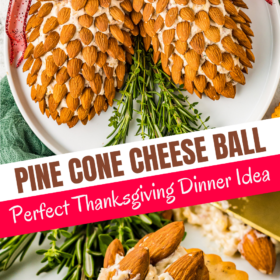 Two pine cone cheese ball appetizers on a tray and a cracker with cheese ball on it.