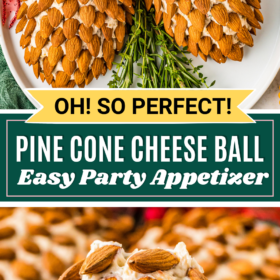 Two pine cone cheese balls on a platter and a knife cutting a serving of cheese ball.