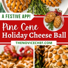 Two pine cone cheese balls on a serving plate, a knife cutting a cheeseball and cheese and nuts spread on a cracker.