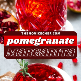 Two glasses of pomegranate margarita with a rosemary garnish.