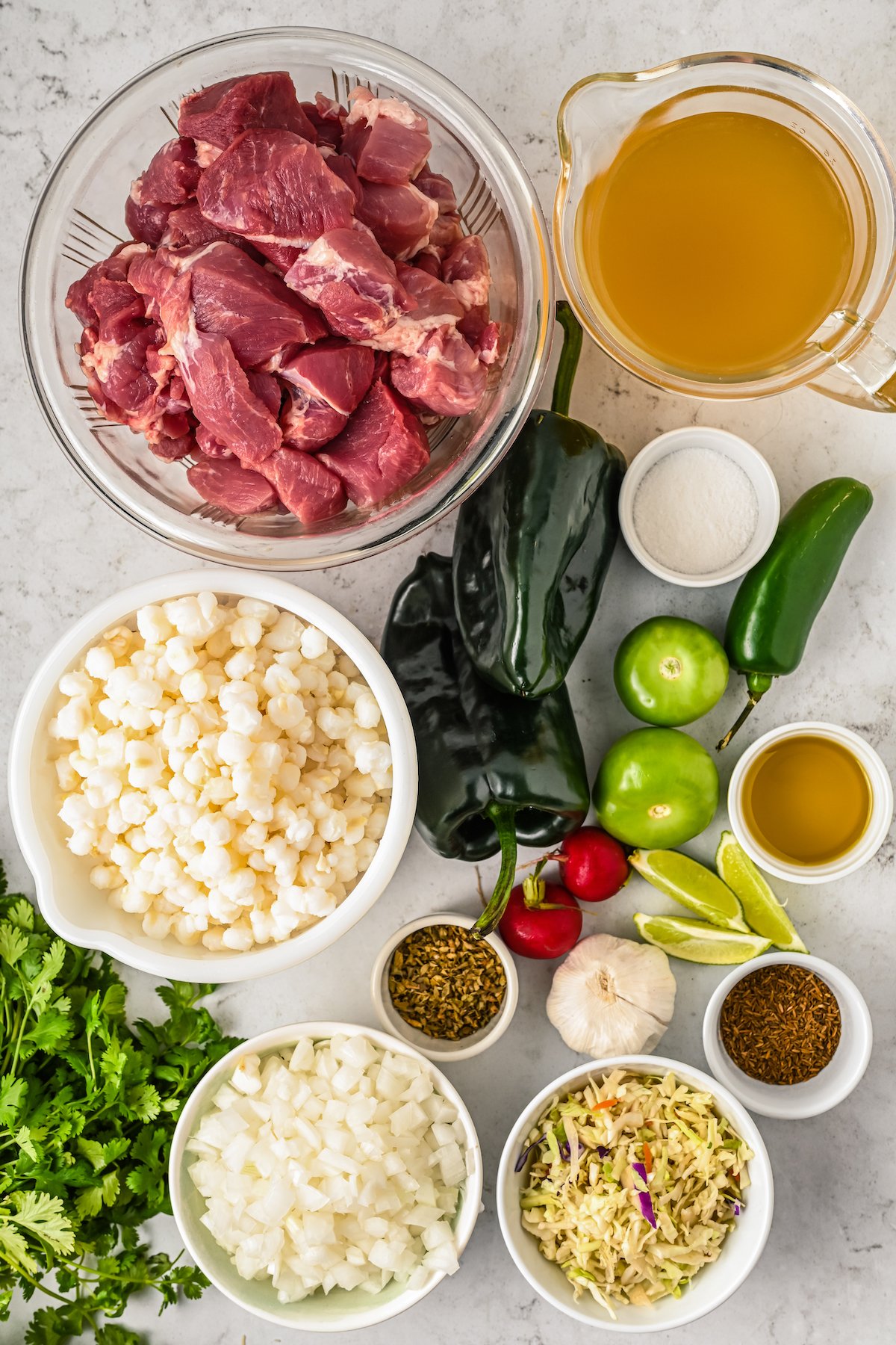 Ingredients for pork pozole verde.