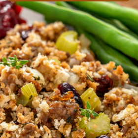 Stuffing with sausage and cranberries on a plate.