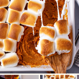 Sweet potato casserole with toasted marshmallows on top in a casserole dish and a serving on a plate.