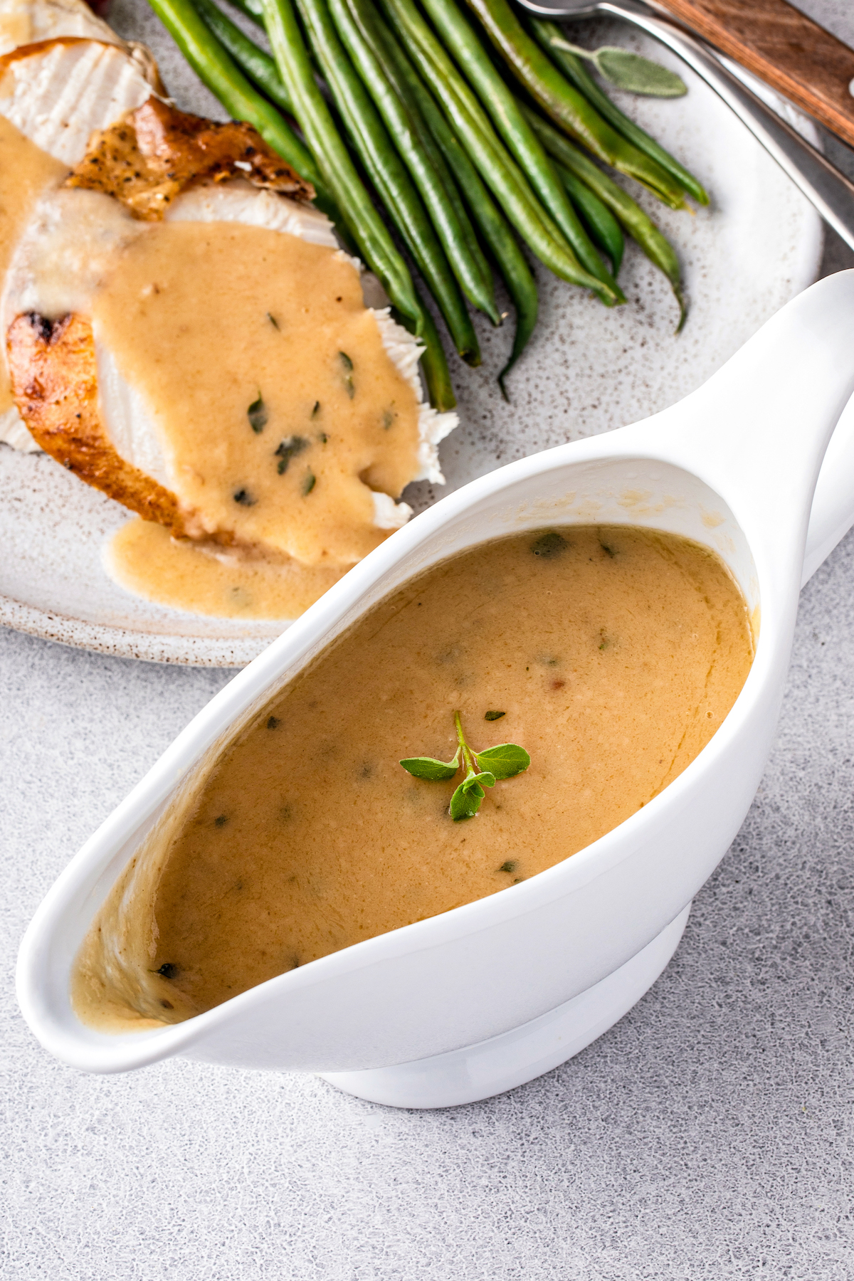Made-from-scratch gravy in a gravy serving dish.