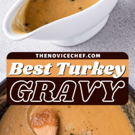 Turkey gravy in a skillet with herbs being added and a wooden spoon stirring the gravy.