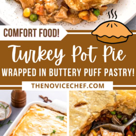 Turkey pot pie serving on a plate, turkey pot pie in a casserole and an image of the pot pie filling with a spoon.