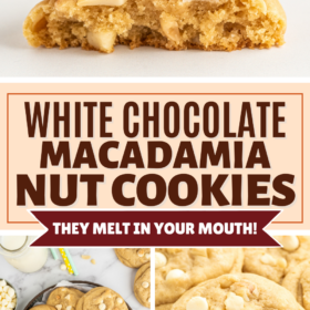 White Chocolate Macadamia Nut Cookies stacked on top of each other, on a tray, and one cookie broken in half to show the inside.