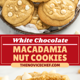 White Chocolate Macadamia Nut Cookies on a tray and one cookie cut in half.