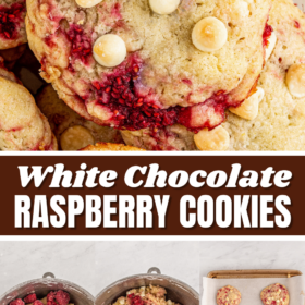 Raspberry cookies on a plate and being made in a bowl and cookies on parchment paper.