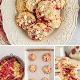 Cookies stacked on a tray and raspberry cookies being made in a bowl, on a parchment paper lined cookie sheet and stacked on top of each other.