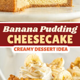 Banana Pudding Cheesecake with whip cream and bananas on top.