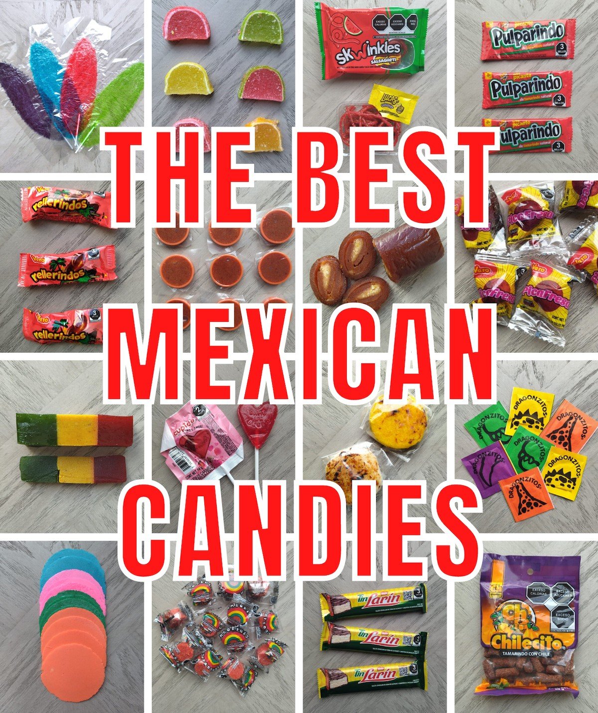 16 different Mexican candy images in a collage.
