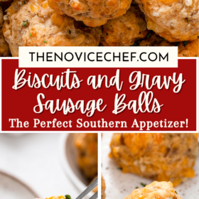 Sausage balls in a bowl, on a fork and dipped in gravy and a bite taken out of a ball.