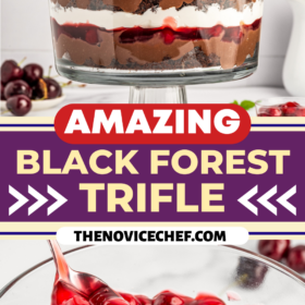 Chocolate cherry trifle in a large trifle bowl and cherries being added on top of pudding.