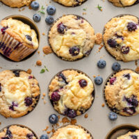 A tin of baked blueberry cream cheese muffins.