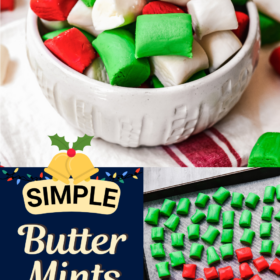 Butter mints in red, white and green colors in a bowl and on a baking sheet lined with parchment paper.