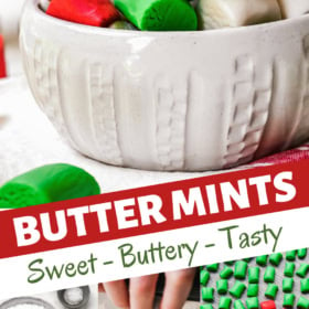 Red, white and green butter mints in a bowl.