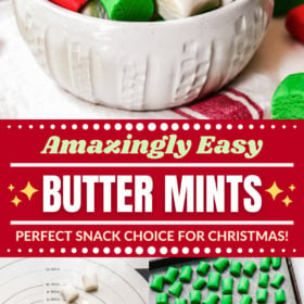 Butter mints in a white bowl and butter mints being rolled out and cut into pieces.