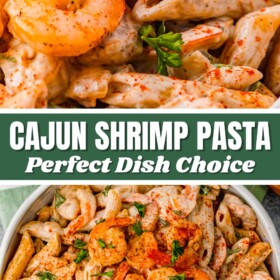 A large white bowl filled with cajun shrimp pasta with fresh parsley on top.