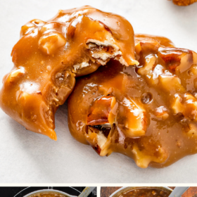 Caramel pecan clusters being made and stacked on top of each other.