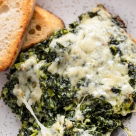Spinach gratin on a plate with a fork taking a bite.