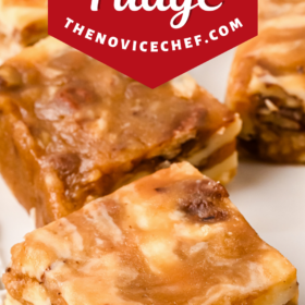 Chewy praline fudge cut into squares on a tray.