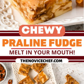A slice of praline fudge on a plate.