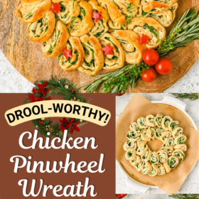 Chicken pinwheel wreath on a round tray.