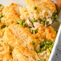 Spooning chicken and dumplings from a casserole dish.