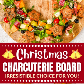 Christmas charcuterie board arranged in the shape of a wreath on a wood board.