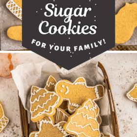 Cut out sugar cookies with icing in christmas shapes in a tray.