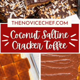 Coconut saltine cracker toffee stacked on top of each other, a tray with crackers with toffee poured on top and melted chocolate spread on top.